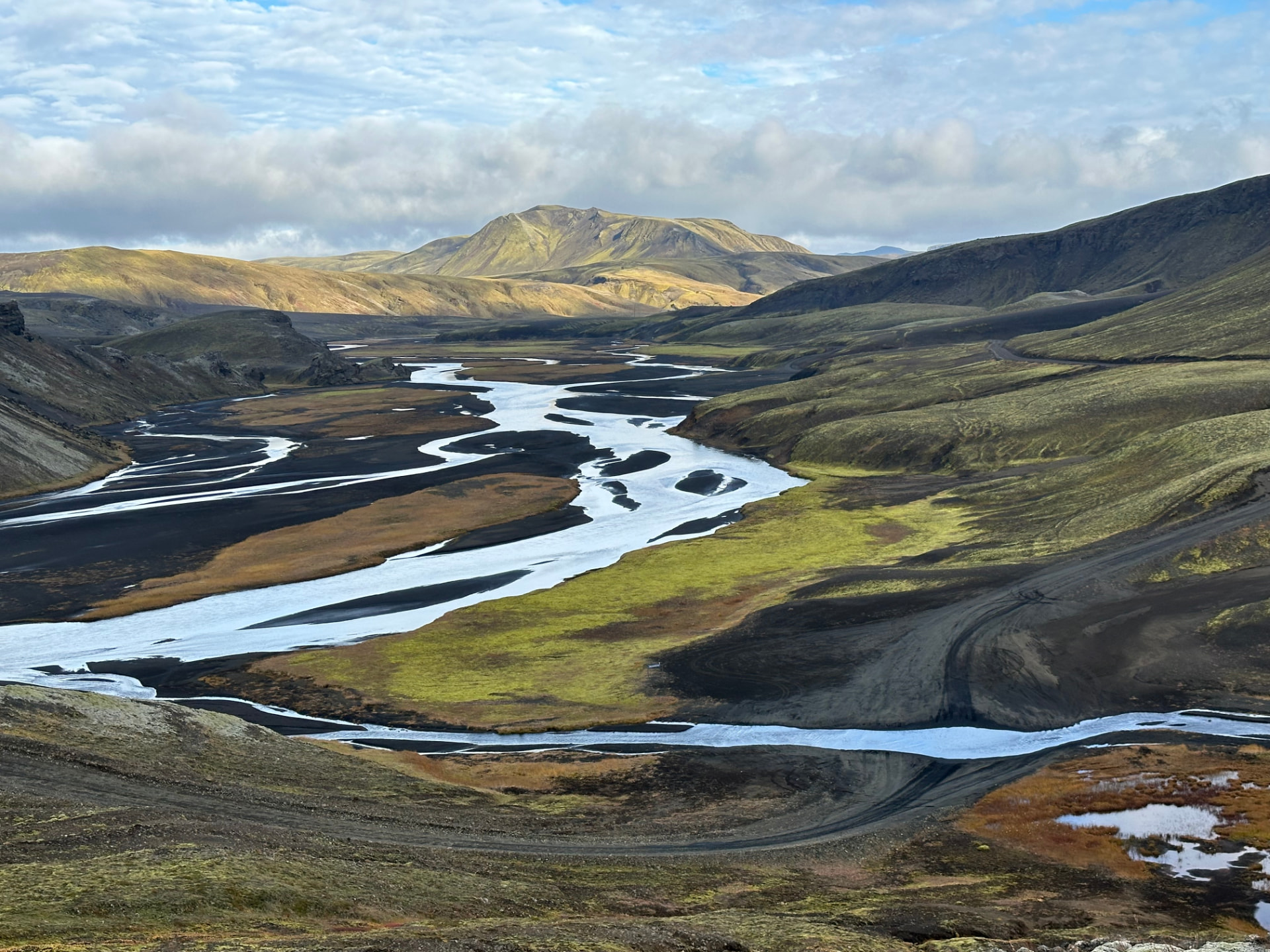 Braided glacial river channels across black volcanic sand below mossy highland ridges in Iceland