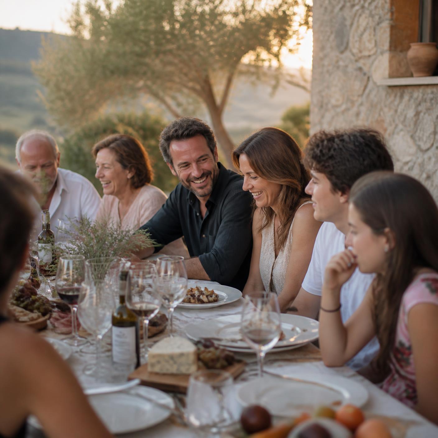 Three generations of one family laughing together over a long dinner table on a stone terrace at golden hour