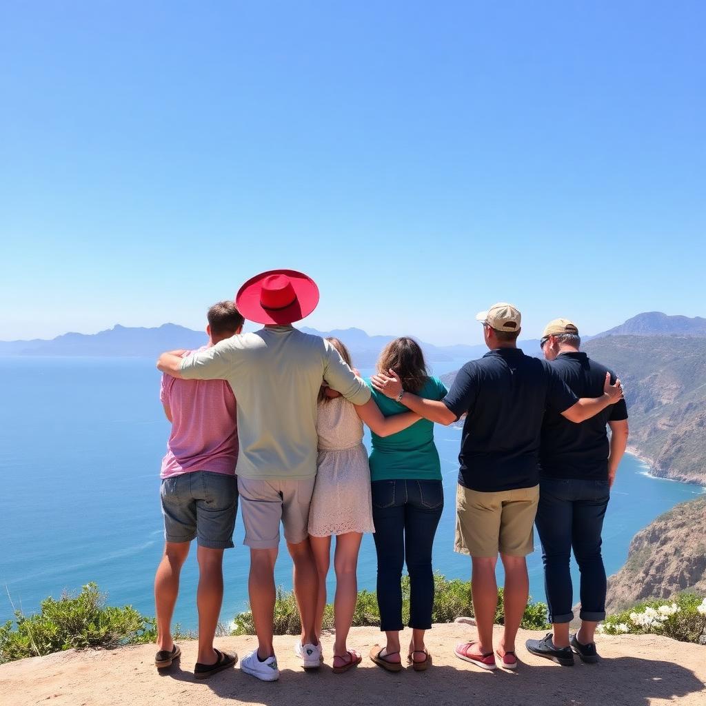 A group of friends and family looking out over a coastal view