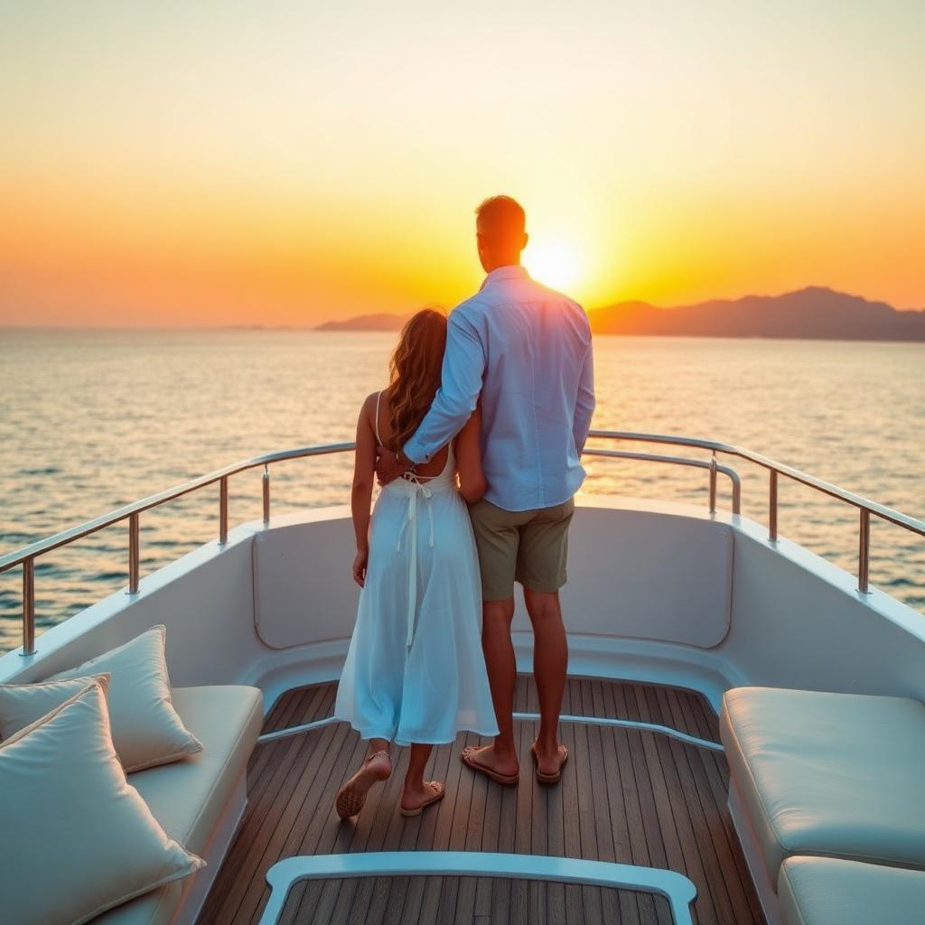 A couple watching the sunset from a luxury yacht