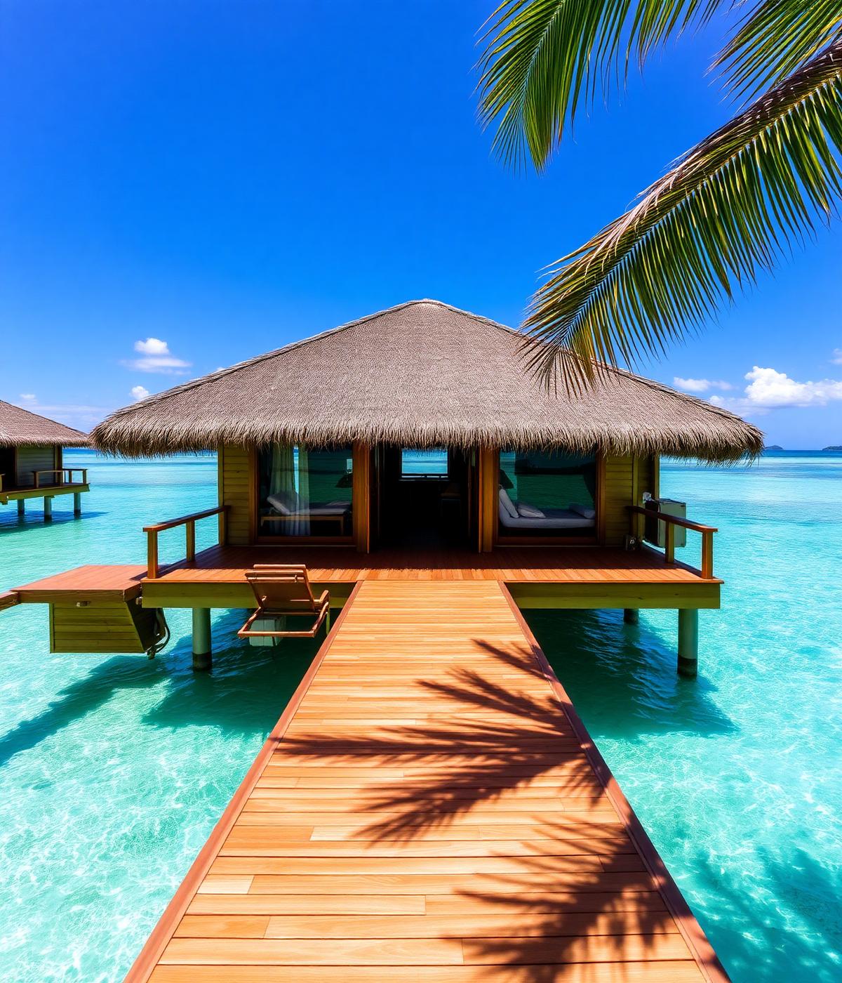 Overwater bungalow above a turquoise lagoon