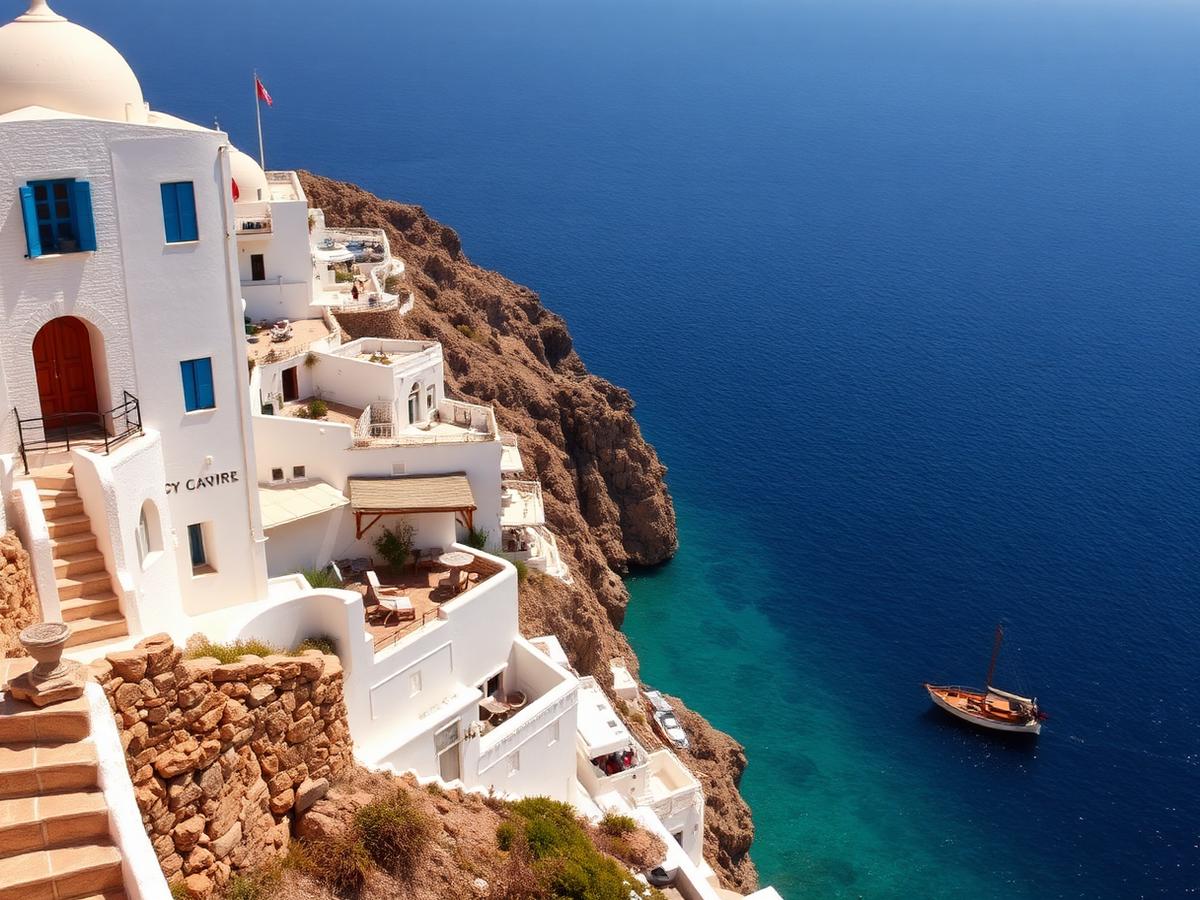 Whitewashed Greek village above the deep blue Aegean with a small wooden boat below
