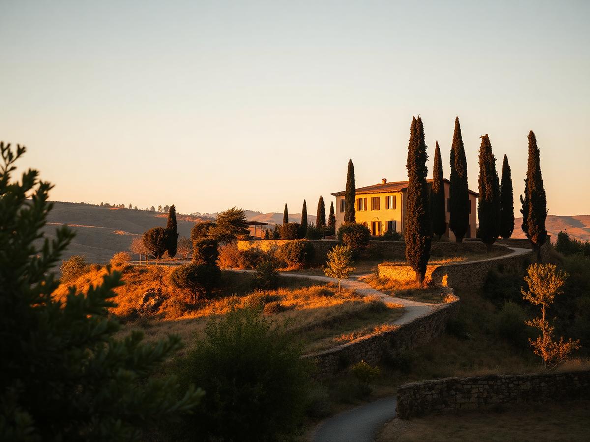 Tuscan villa framed by cypress trees on a golden hillside at sunset