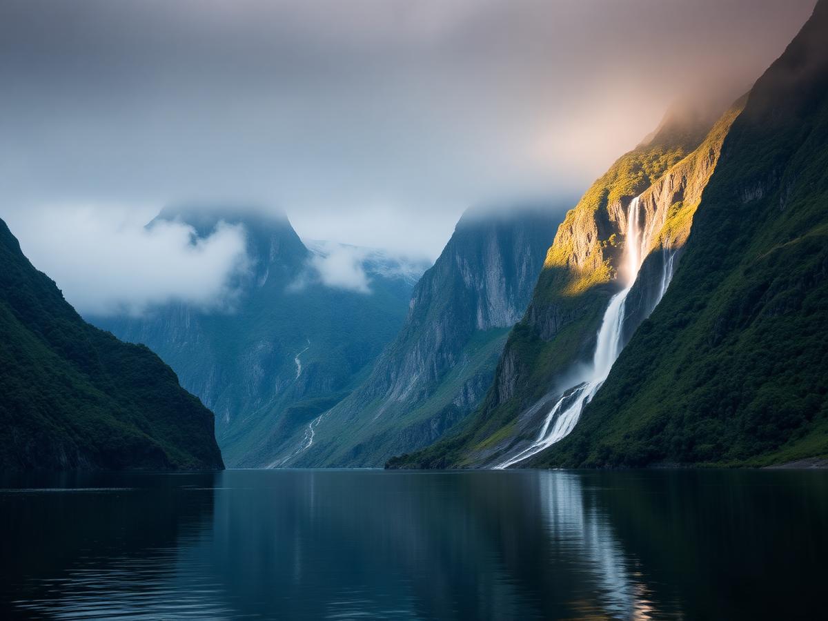 Mist and waterfalls over the towering cliffs of a New Zealand fiord at dawn