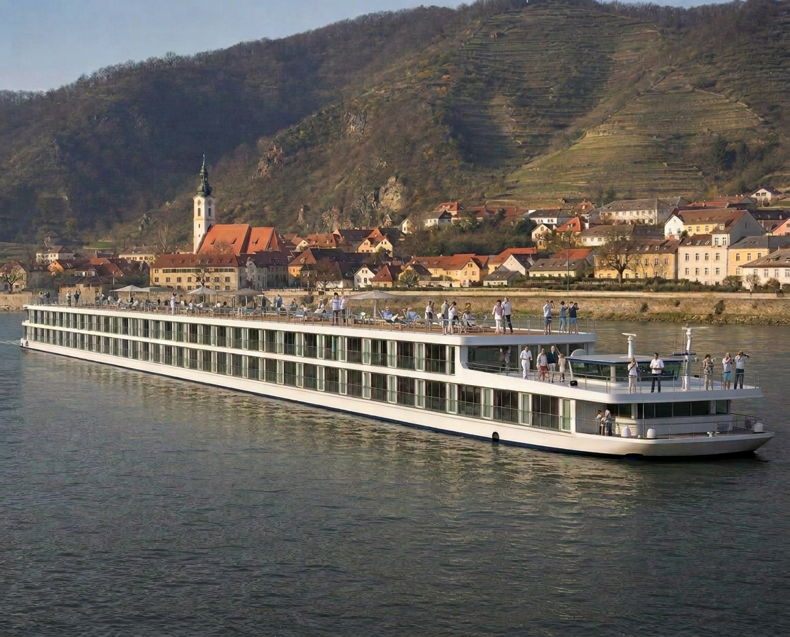 Passengers on the sun deck of a long European river cruise ship passing a vineyard village on the Danube