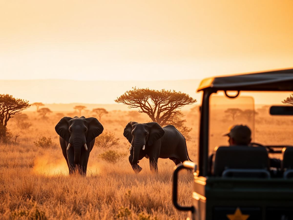 Two elephants crossing golden savanna at sunrise with an open safari vehicle nearby