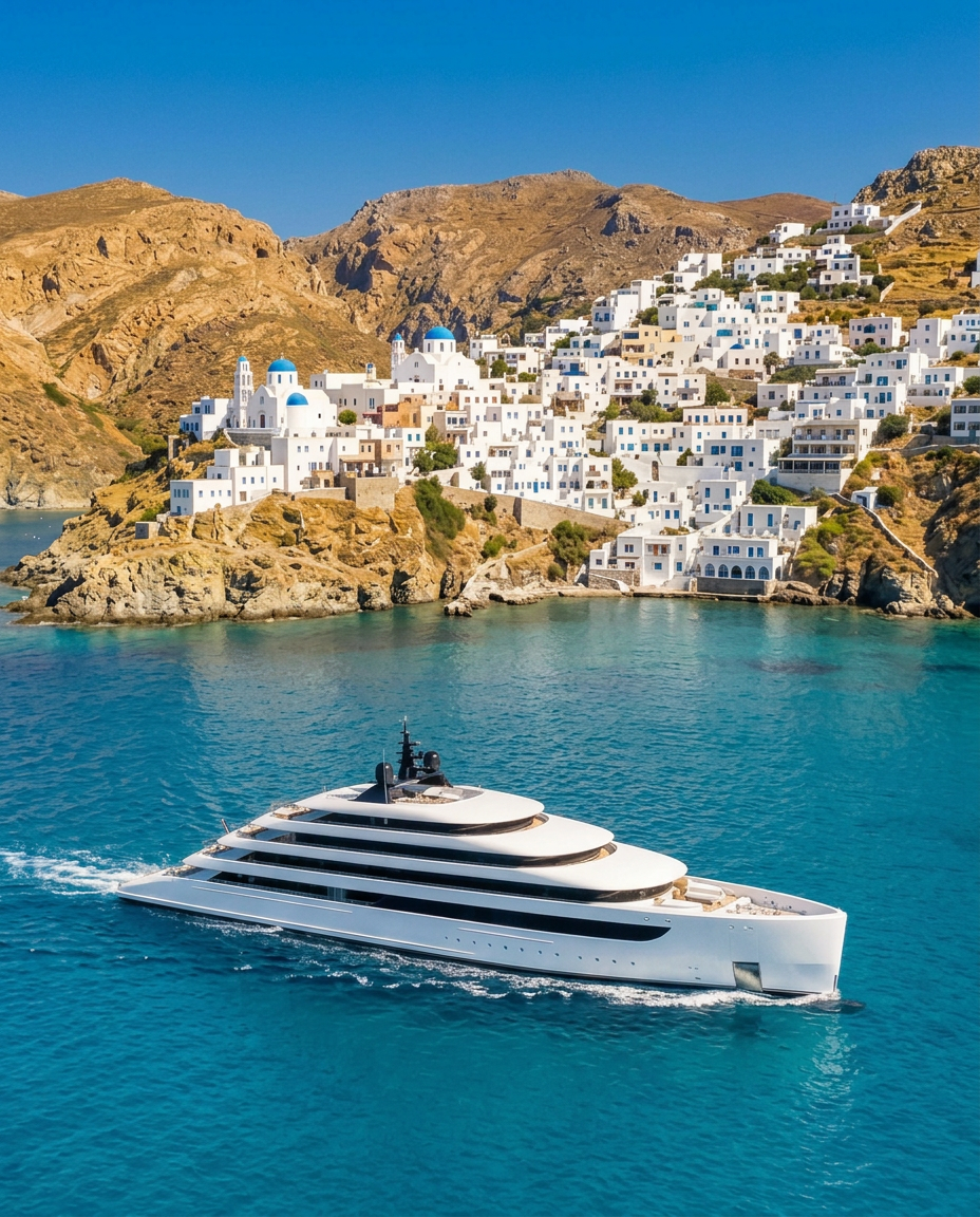Modern small luxury cruise yacht anchored in turquoise Aegean water below a whitewashed Greek island village