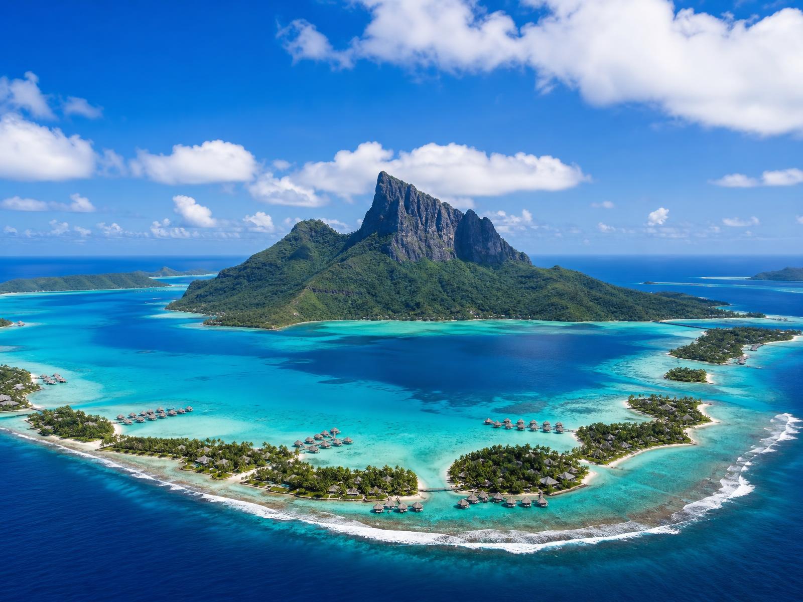 Aerial view of Mount Otemanu rising above the turquoise Bora Bora lagoon, barrier reef motu and overwater bungalows